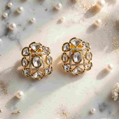 Micro Gold Plated Kundan Style Stud Earrings with Clear Stone Detailing