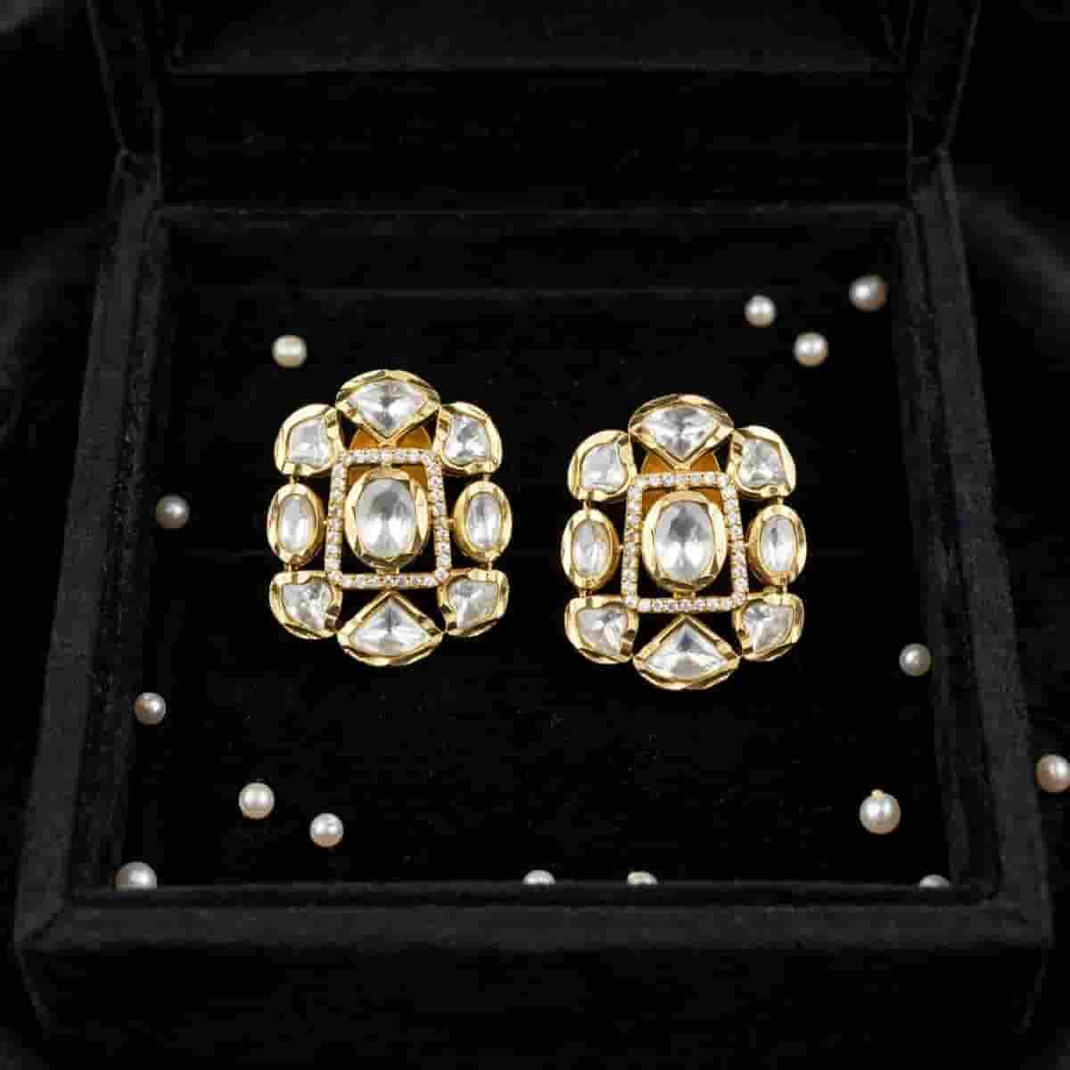 Micro Gold Plated Kundan Style Stud Earrings with Clear Stone Detailing