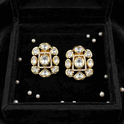 Micro Gold Plated Kundan Style Stud Earrings with Clear Stone Detailing
