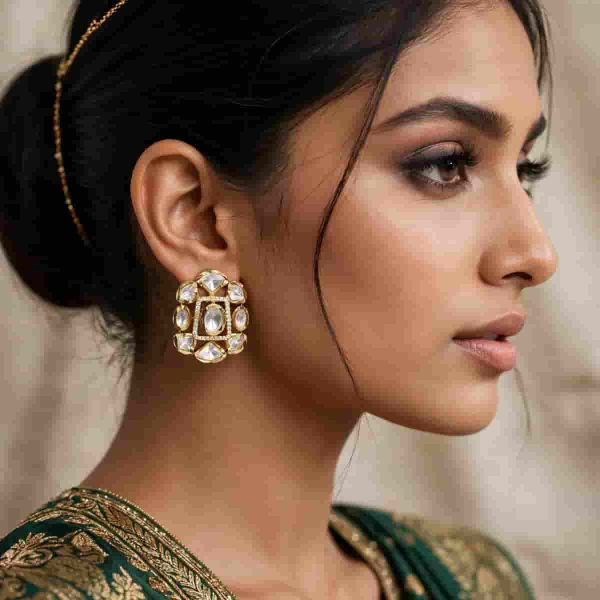 Micro Gold Plated Kundan Style Stud Earrings with Clear Stone Detailing
