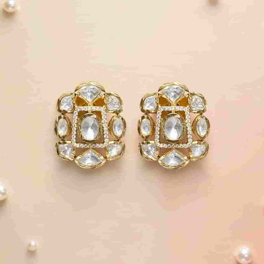 Micro Gold Plated Kundan Style Stud Earrings with Clear Stone Detailing