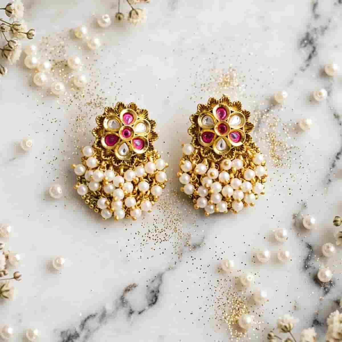 Micro Gold Plated Pearl Beaded Jhumka Earrings with Pink Stone Floral Design