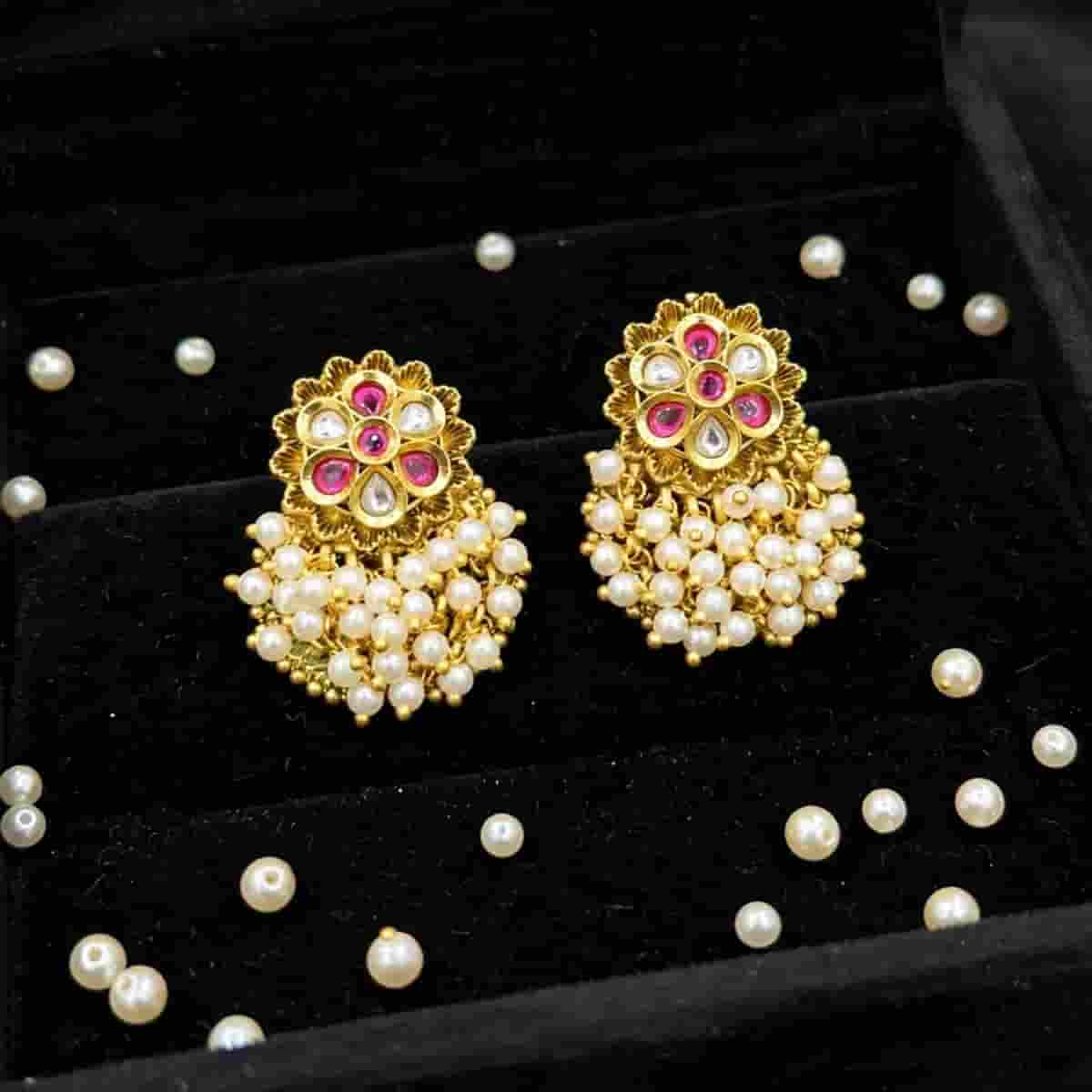 Micro Gold Plated Pearl Beaded Jhumka Earrings with Pink Stone Floral Design