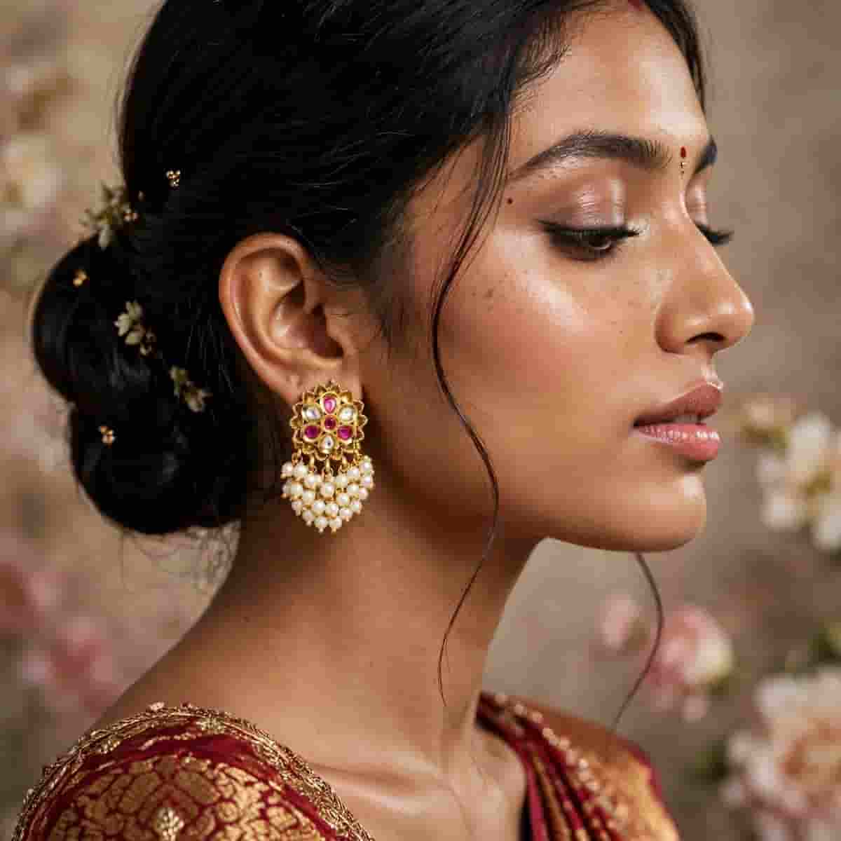 Micro Gold Plated Pearl Beaded Jhumka Earrings with Pink Stone Floral Design