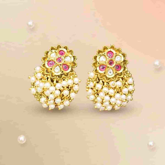 Micro Gold Plated Pearl Beaded Jhumka Earrings with Pink Stone Floral Design