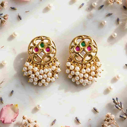 Micro Gold Tone Pearl Drop Jhumka Earrings with Multicolor Stone Detailing