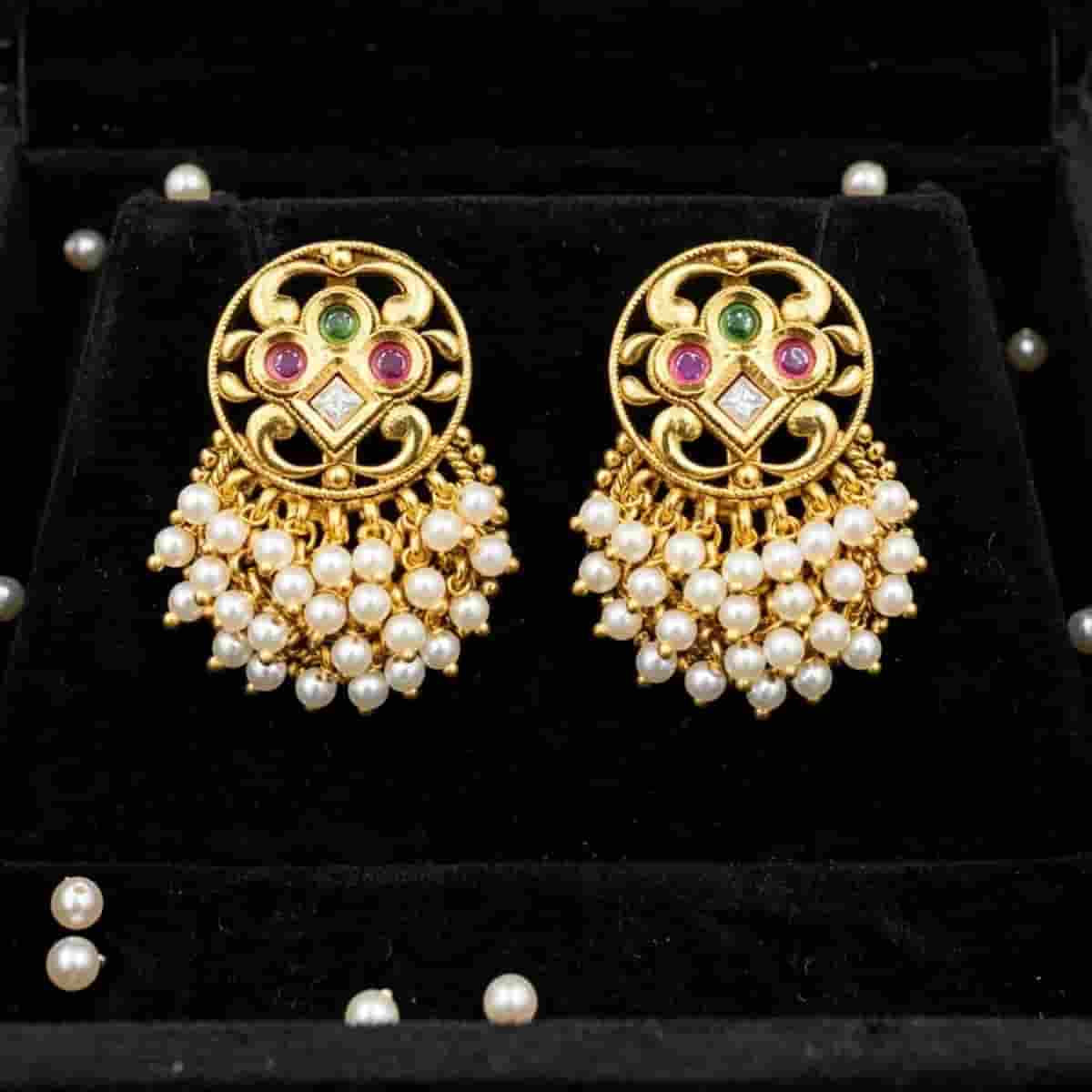 Micro Gold Tone Pearl Drop Jhumka Earrings with Multicolor Stone Detailing