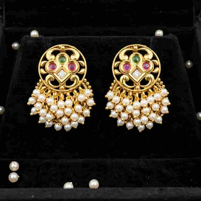 Micro Gold Tone Pearl Drop Jhumka Earrings with Multicolor Stone Detailing