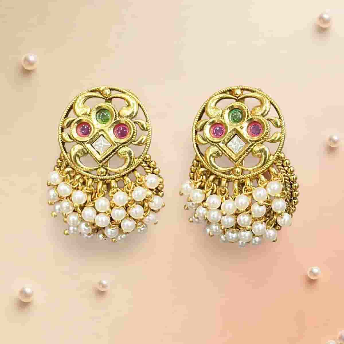 Micro Gold Tone Pearl Drop Jhumka Earrings with Multicolor Stone Detailing