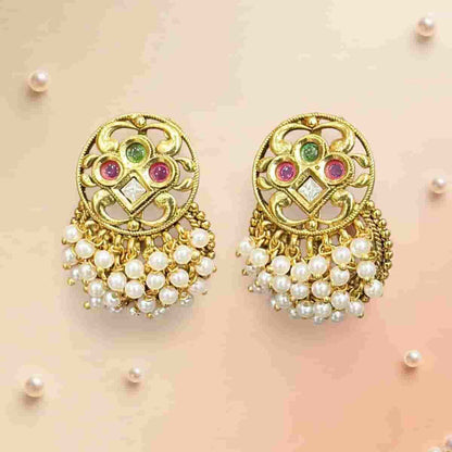Micro Gold Tone Pearl Drop Jhumka Earrings with Multicolor Stone Detailing