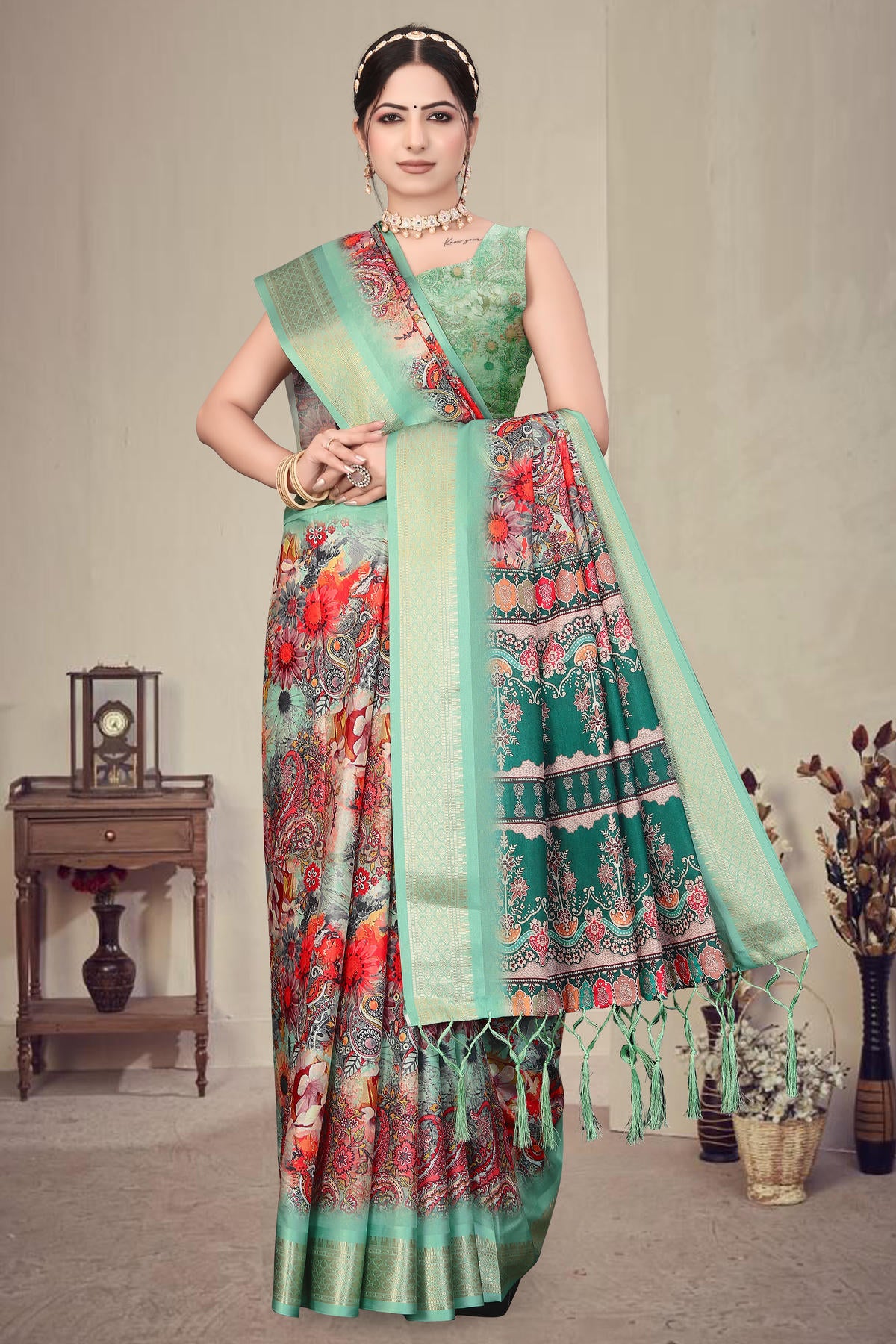 Mint Green Colour Cotton Silk Printed Saree