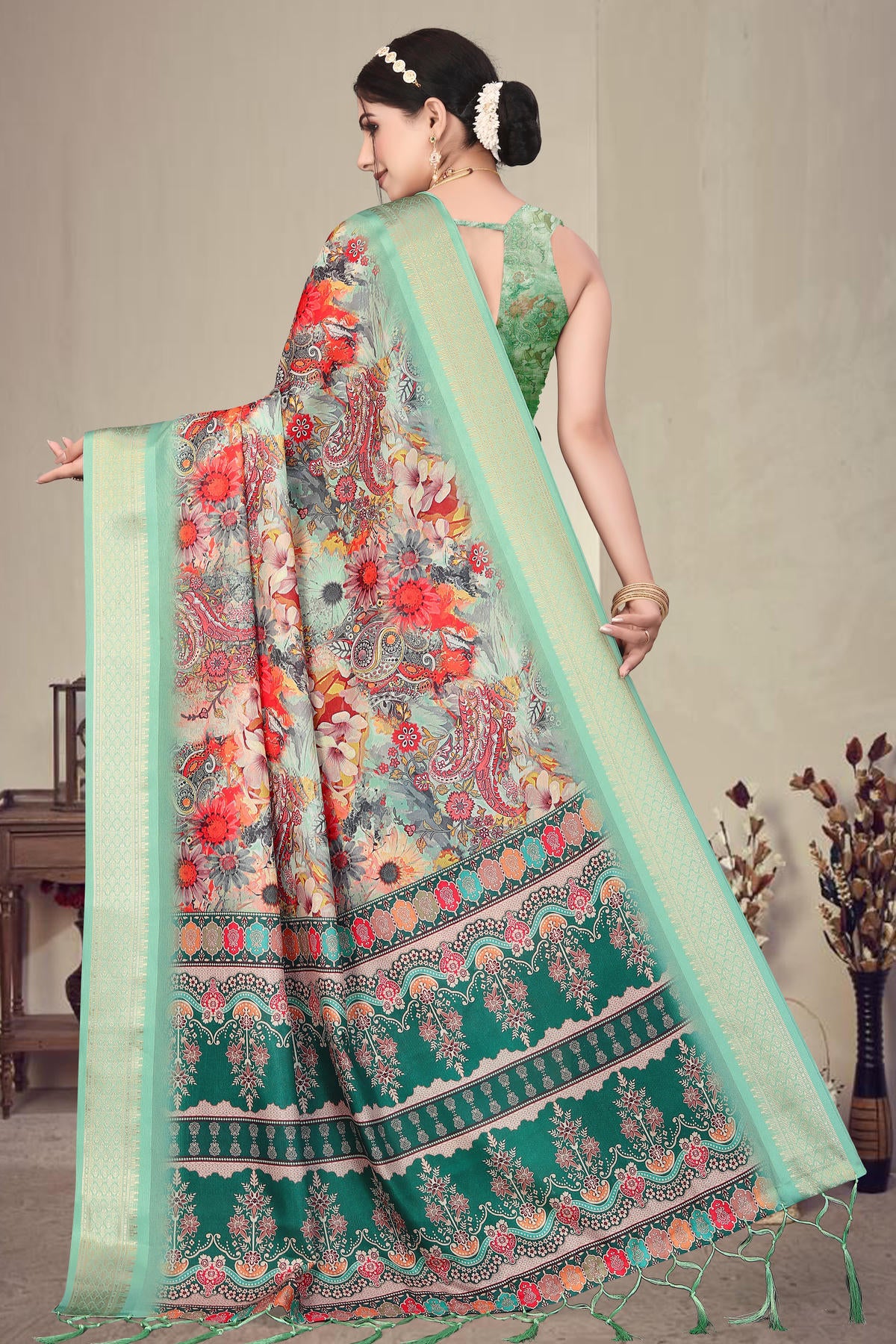 Mint Green Colour Cotton Silk Printed Saree