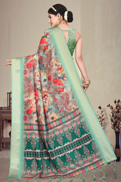 Mint Green Colour Cotton Silk Printed Saree