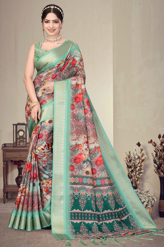 Mint Green Colour Cotton Silk Printed Saree