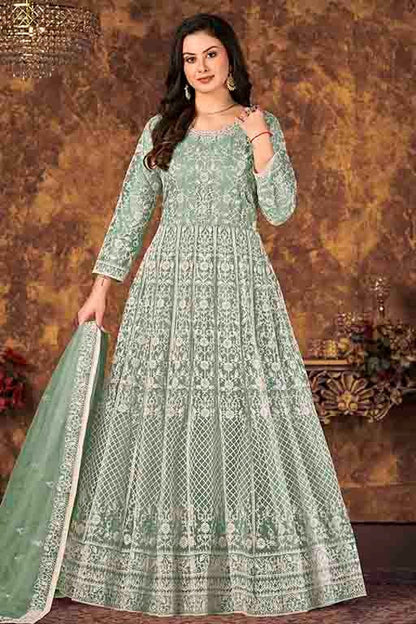 Mint Green Colour Net Semi Stitched Anarkali Suit SM1050303