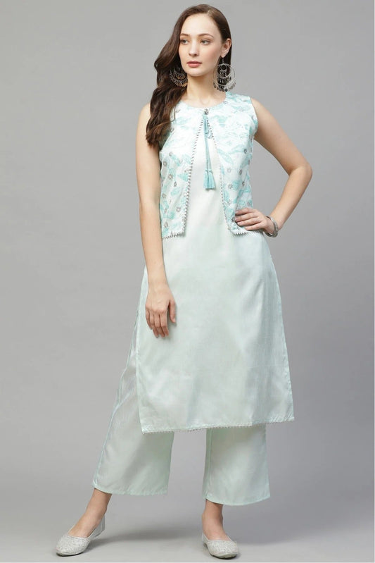 Mint Green Colour Plus Size Poly Silk Straight Kurta Palazzo Set KR1060016 A