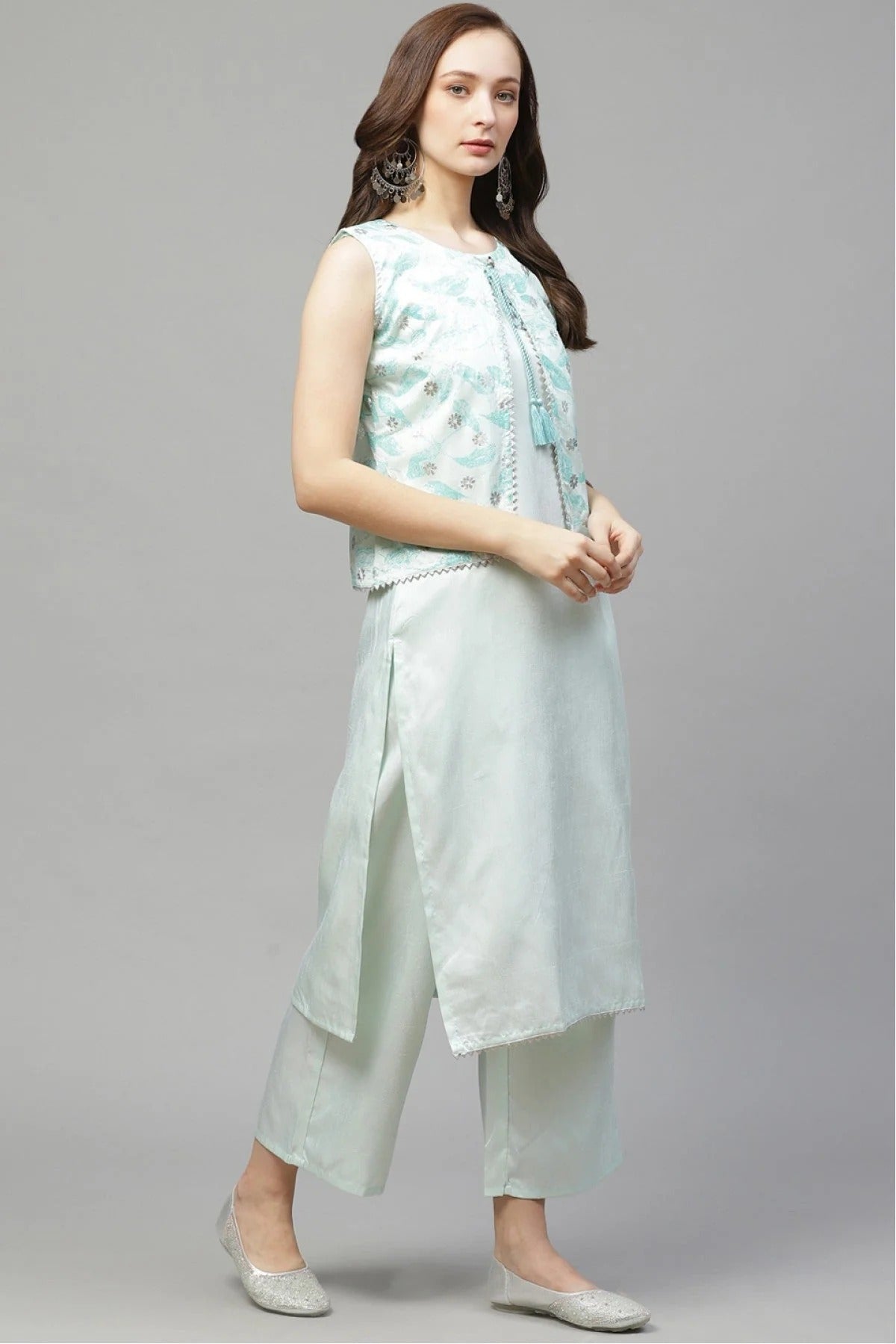 Mint Green Colour Plus Size Poly Silk Straight Kurta Palazzo Set KR1060016 B
