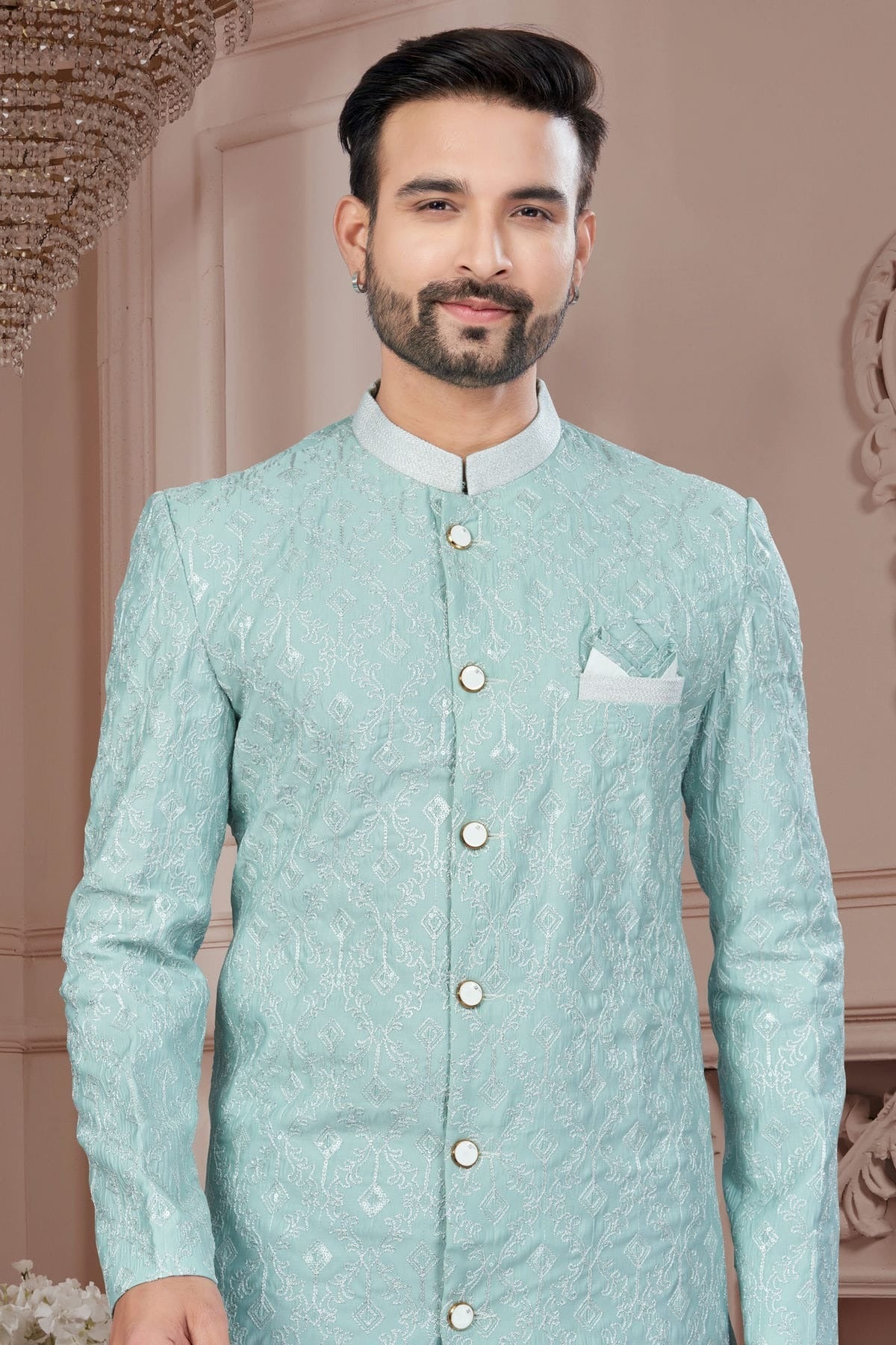 Mint Green Colour Silk Dupion Dhoti Sherwani SH1040644 A