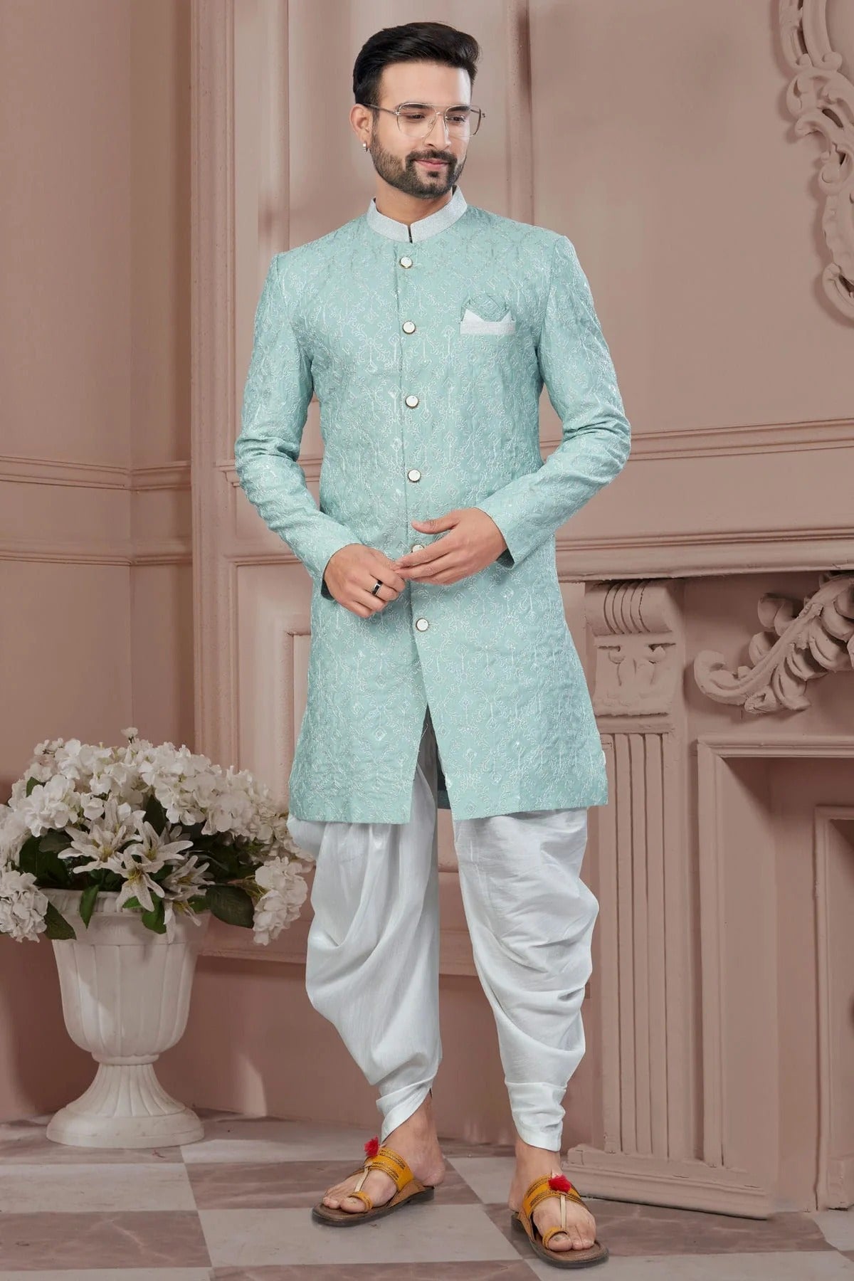 Mint Green Colour Silk Dupion Dhoti Sherwani SH1040644
