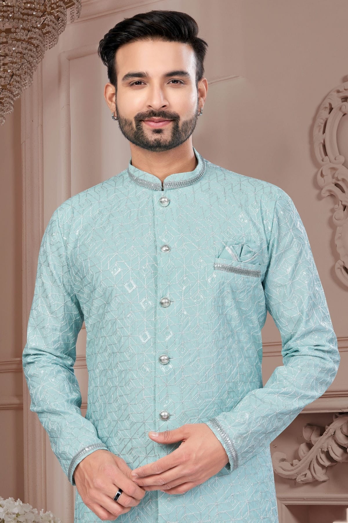 Mint Green Colour Silk Dupion Sherwani SH1040603 A