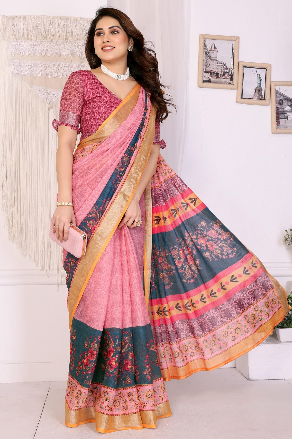 Morpeach Colour Linen Cotton Printed Saree