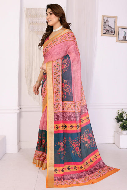 Morpeach Colour Linen Cotton Printed Saree