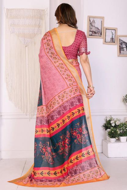 Morpeach Colour Linen Cotton Printed Saree