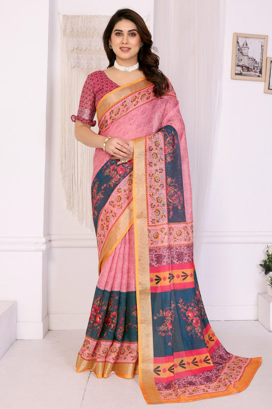 Morpeach Colour Linen Cotton Printed Saree