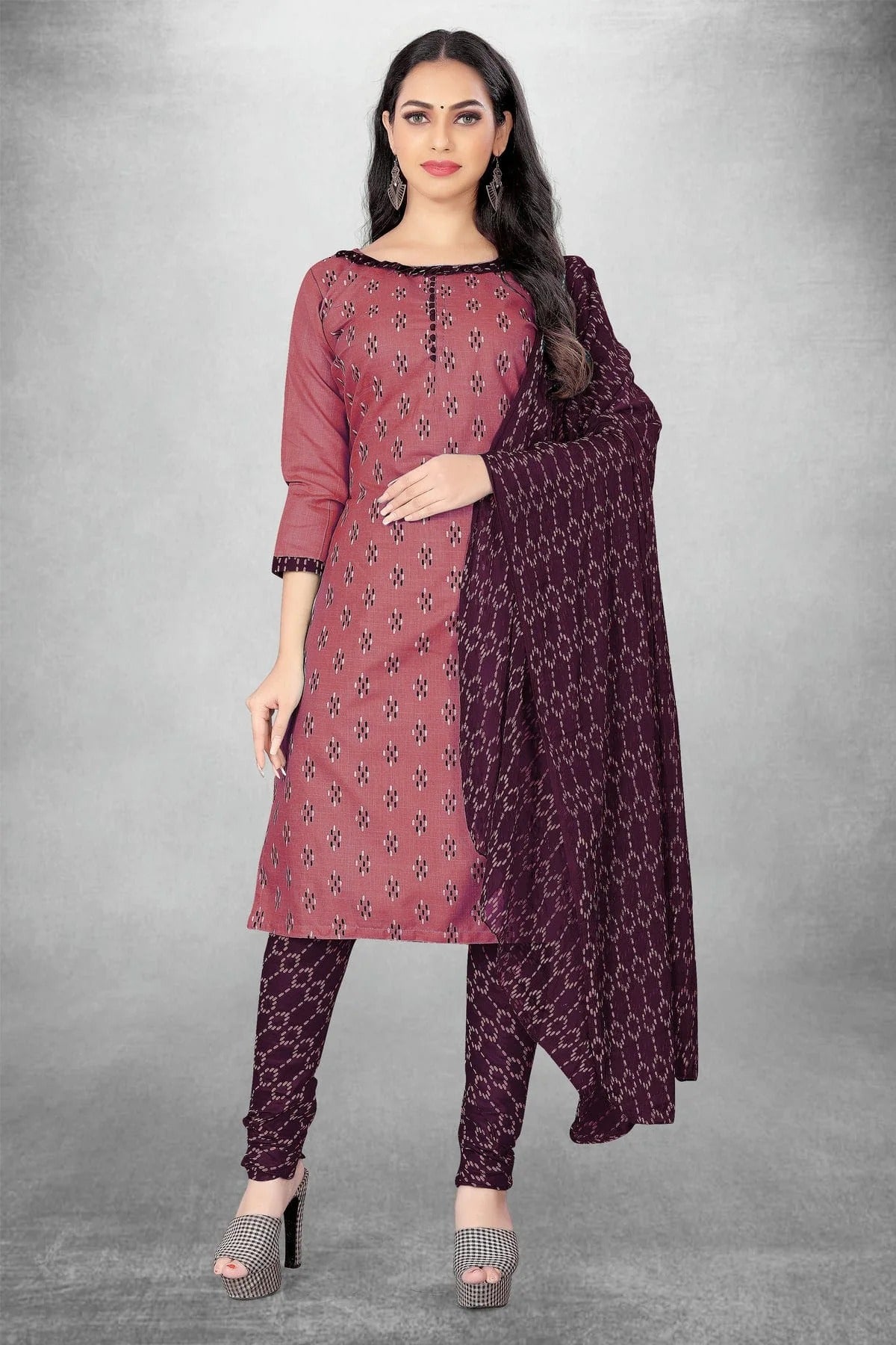 Muave Colour Unstitched Slub Cotton Churidar Suit US1160814