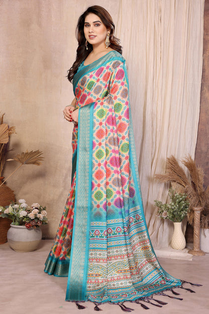 Multi Colour Cotton Silk Printed Saree