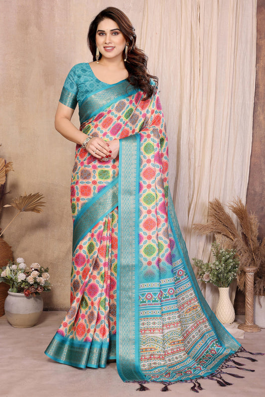 Multi Colour Cotton Silk Printed Saree