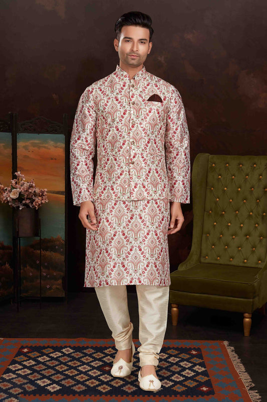 Multicolour Colour Kurta Pajama With Jacket In Malai Silk KP1210432