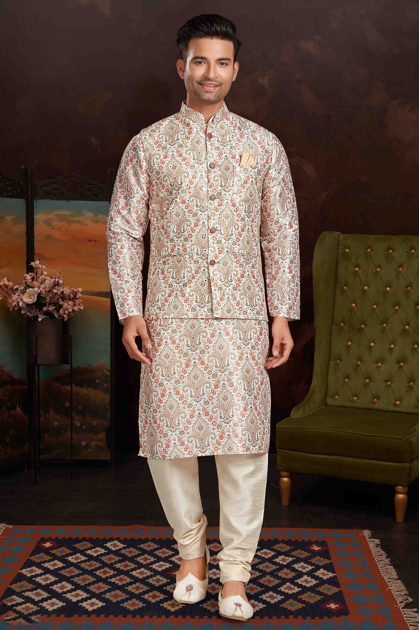 Multicolour Colour Kurta Pajama With Jacket In Malai Silk KP1210434 A