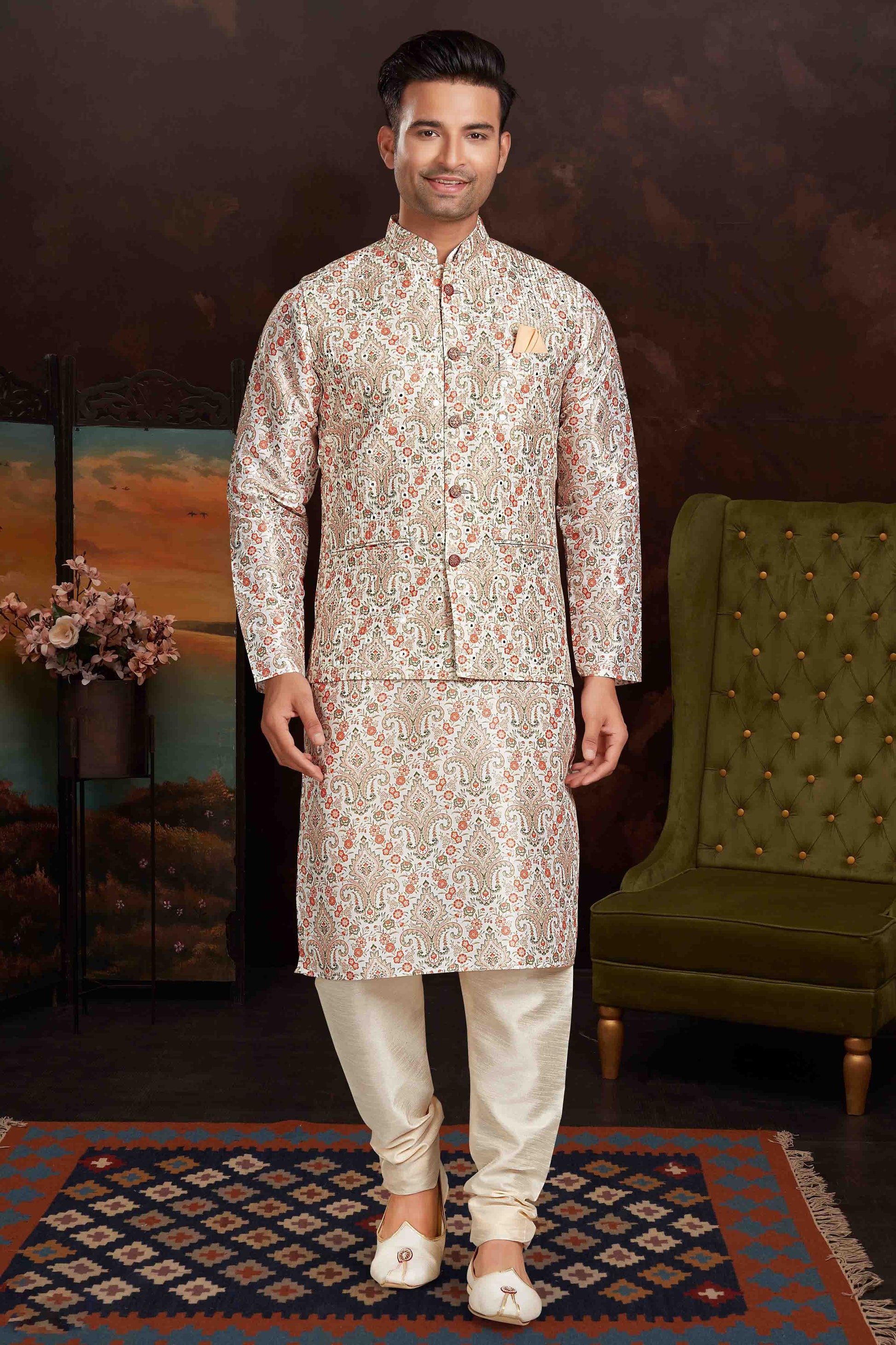 Multicolour Colour Kurta Pajama With Jacket In Malai Silk KP1210434 A
