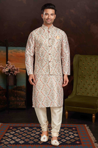 Multicolour Colour Kurta Pajama With Jacket In Malai Silk KP1210434 A