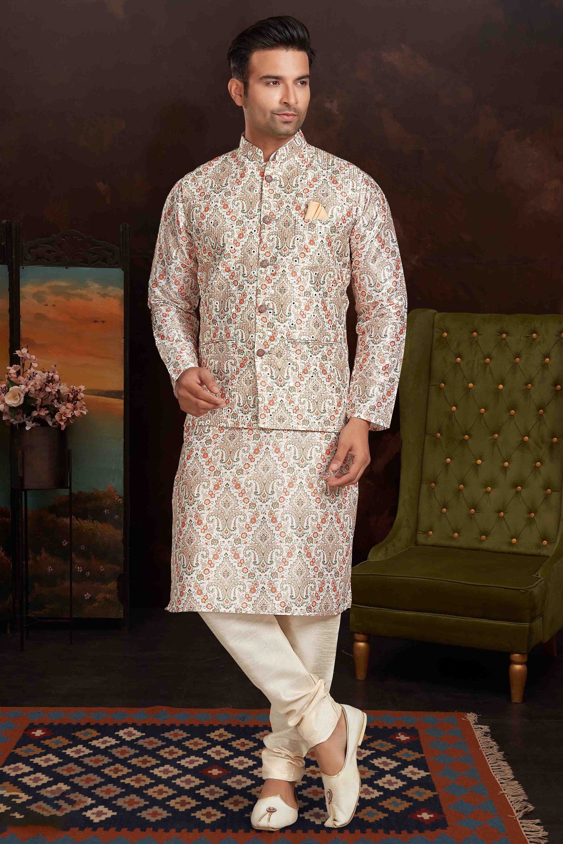Multicolour Colour Kurta Pajama With Jacket In Malai Silk KP1210434