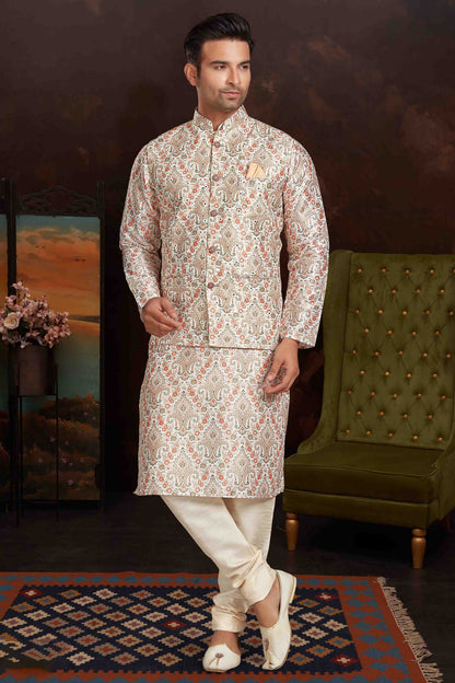 Multicolour Colour Kurta Pajama With Jacket In Malai Silk KP1210434