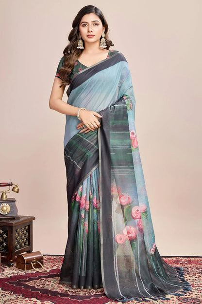 Multicolour Linen Printed Saree SD1111811