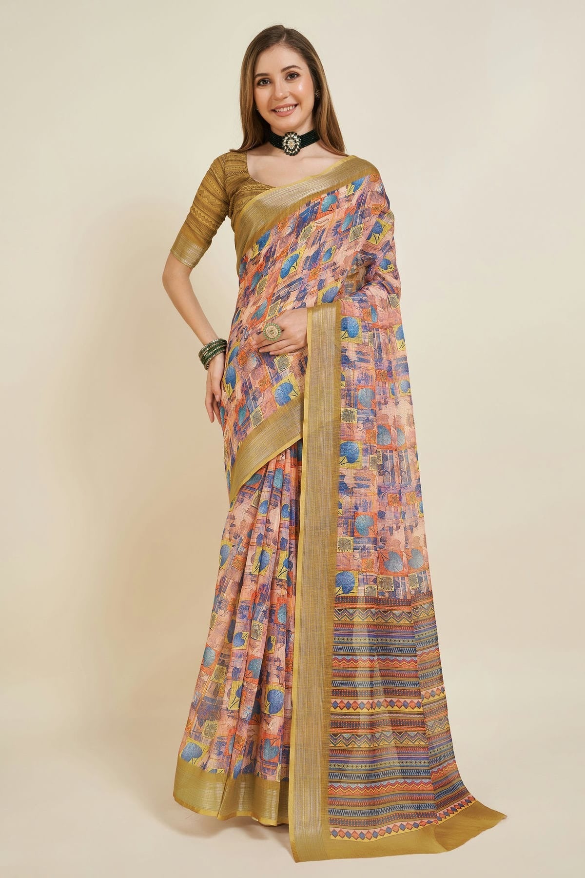 Multicolour Printed Work Linen Saree SD1101879