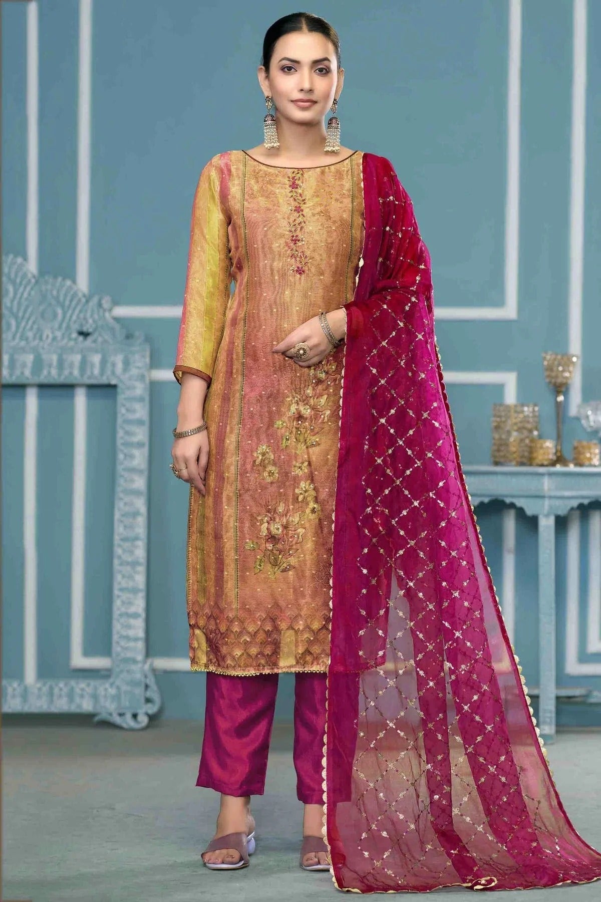 Multicolour Shimmer Silk Pant Style Suit SM1113223