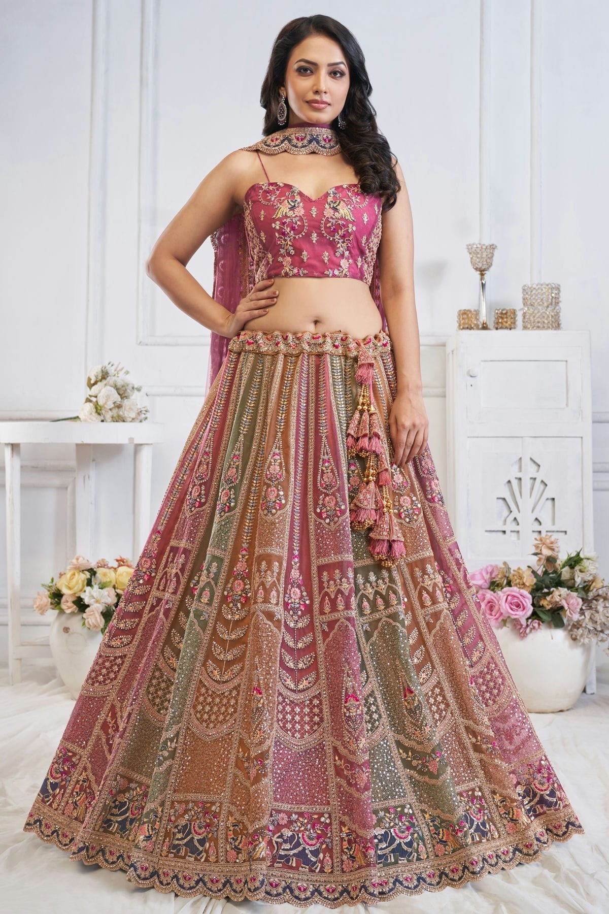 Multicolour Soft Net Embroidery Lehenga Choli LC1111378