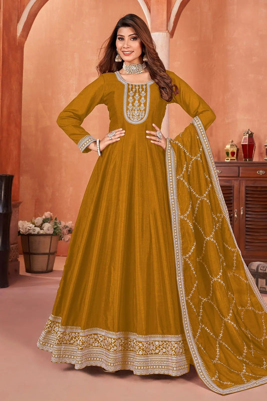 Mustard Colour Anarkali Suit Art Silk Semi Stitched SM1050491