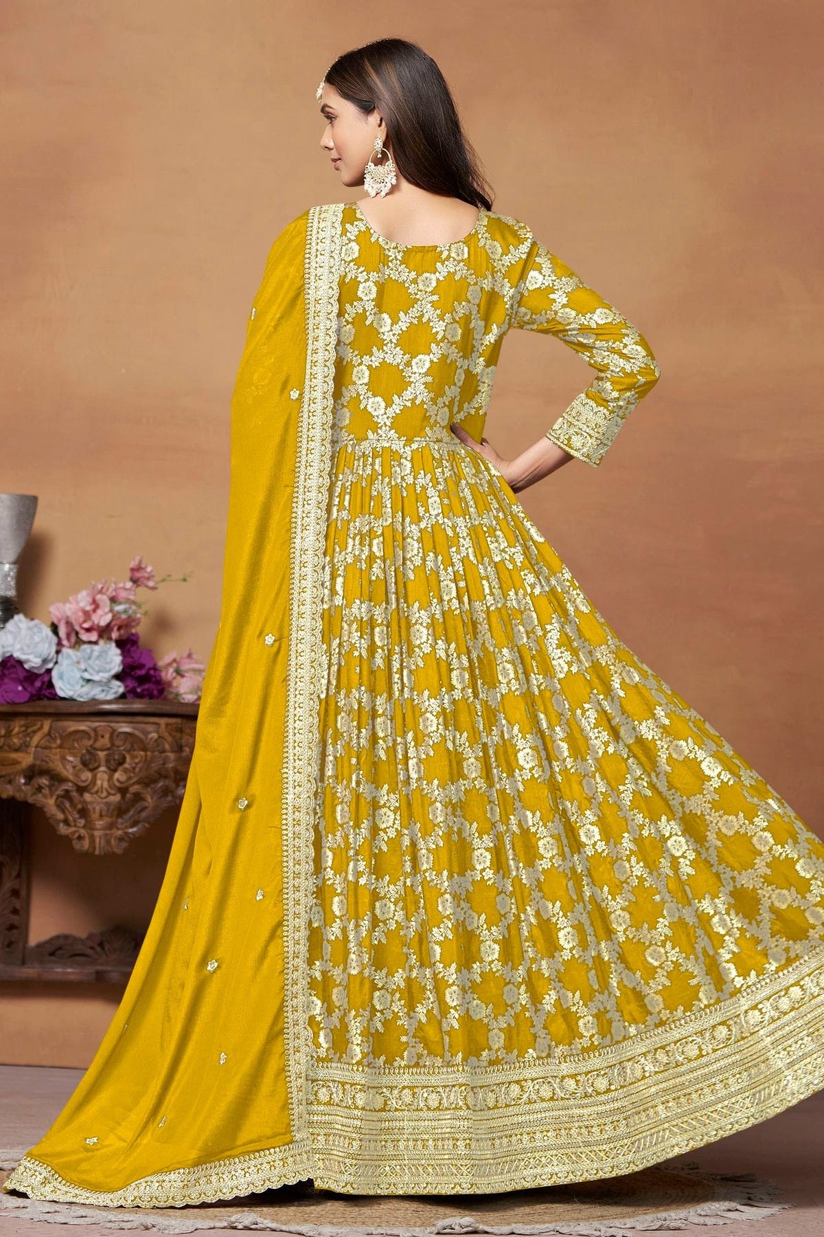 Mustard Colour Anarkali Suit Dola Jacquard Semi Stitched SM1050540 A