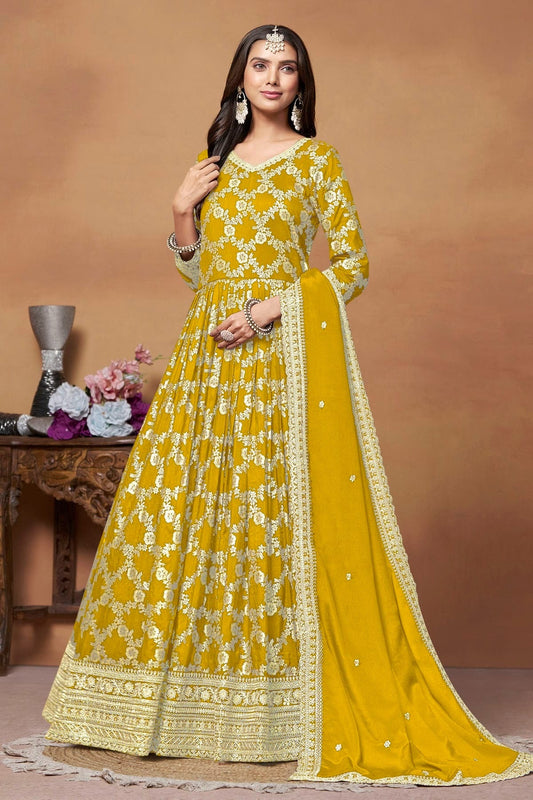 Mustard Colour Anarkali Suit Dola Jacquard Semi Stitched SM1050540