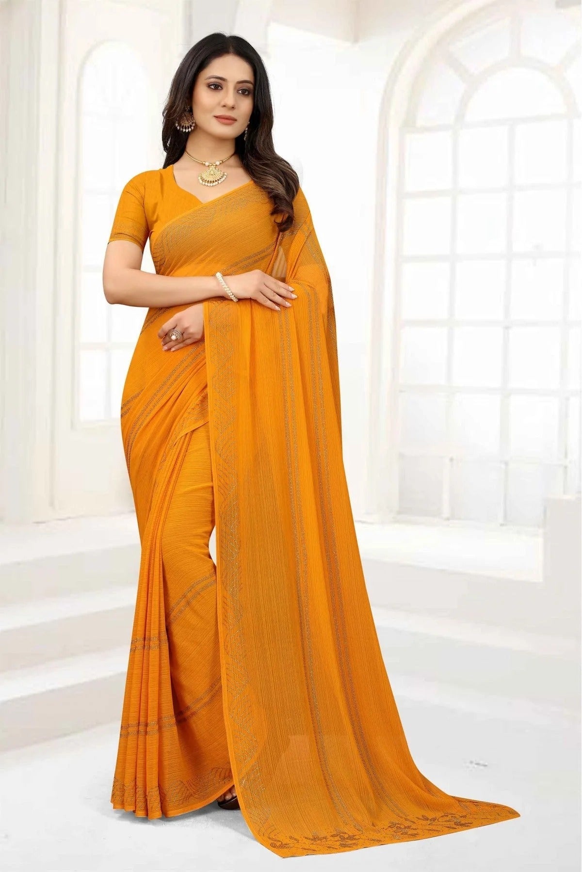 Mustard Colour Chiffon Stone Work Saree SD1120996