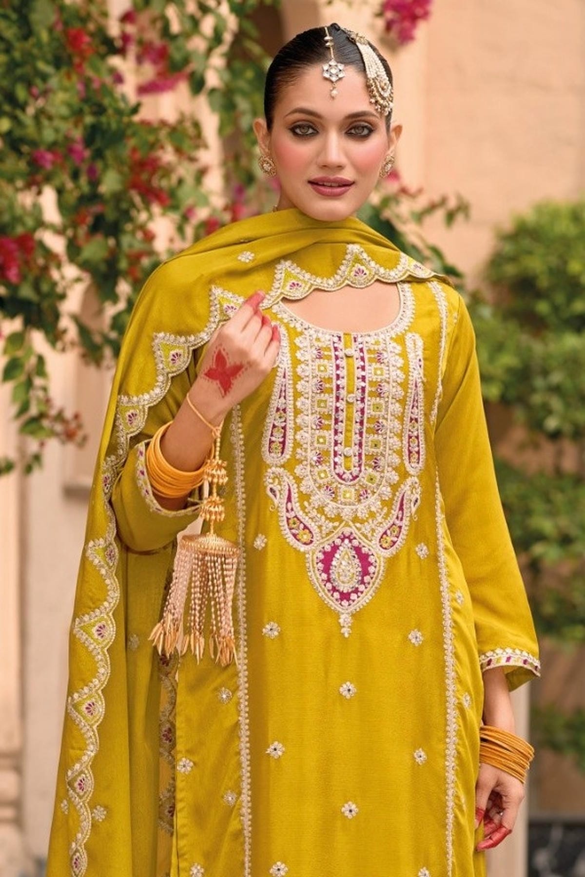 Mustard Colour Chinon Embroidery Work Palazzo Pant Suit