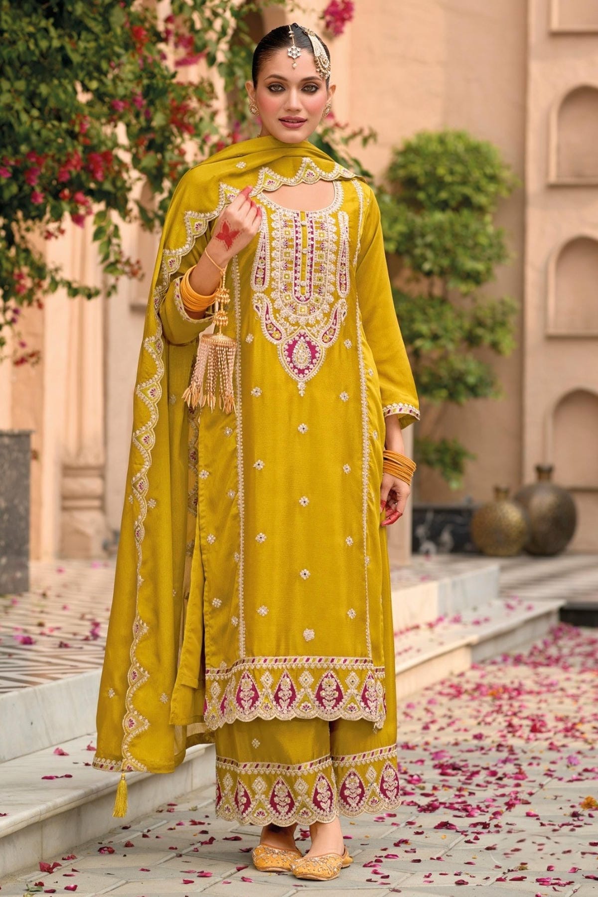 Mustard Colour Chinon Embroidery Work Palazzo Pant Suit