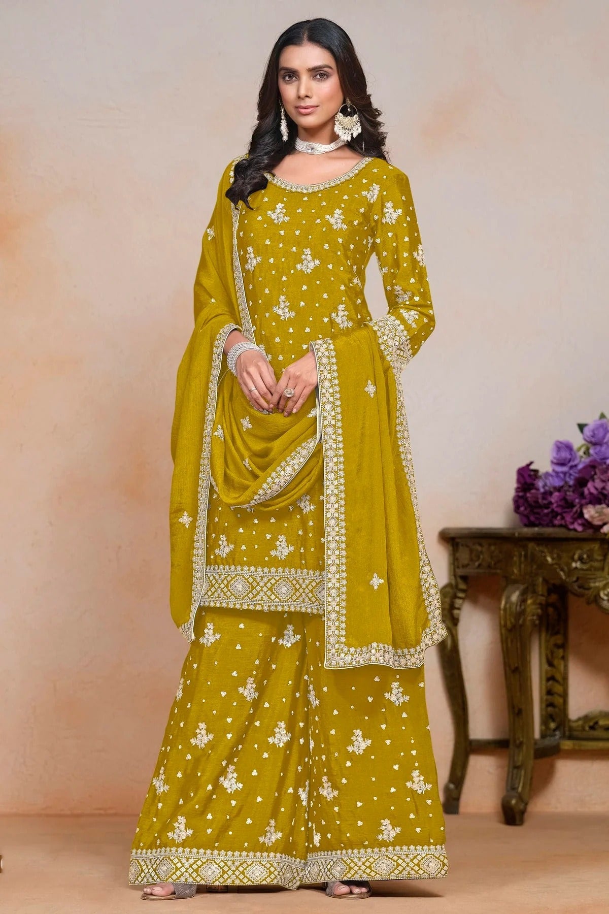 Mustard Colour Chinon Semi Stitched Palazzo Pant Suit SM1050629 A