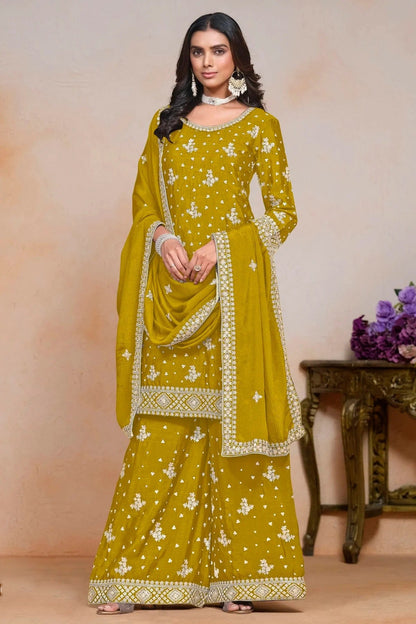Mustard Colour Chinon Semi Stitched Palazzo Pant Suit SM1050629 A