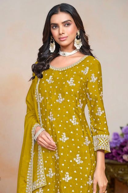 Mustard Colour Chinon Semi Stitched Palazzo Pant Suit SM1050629 B